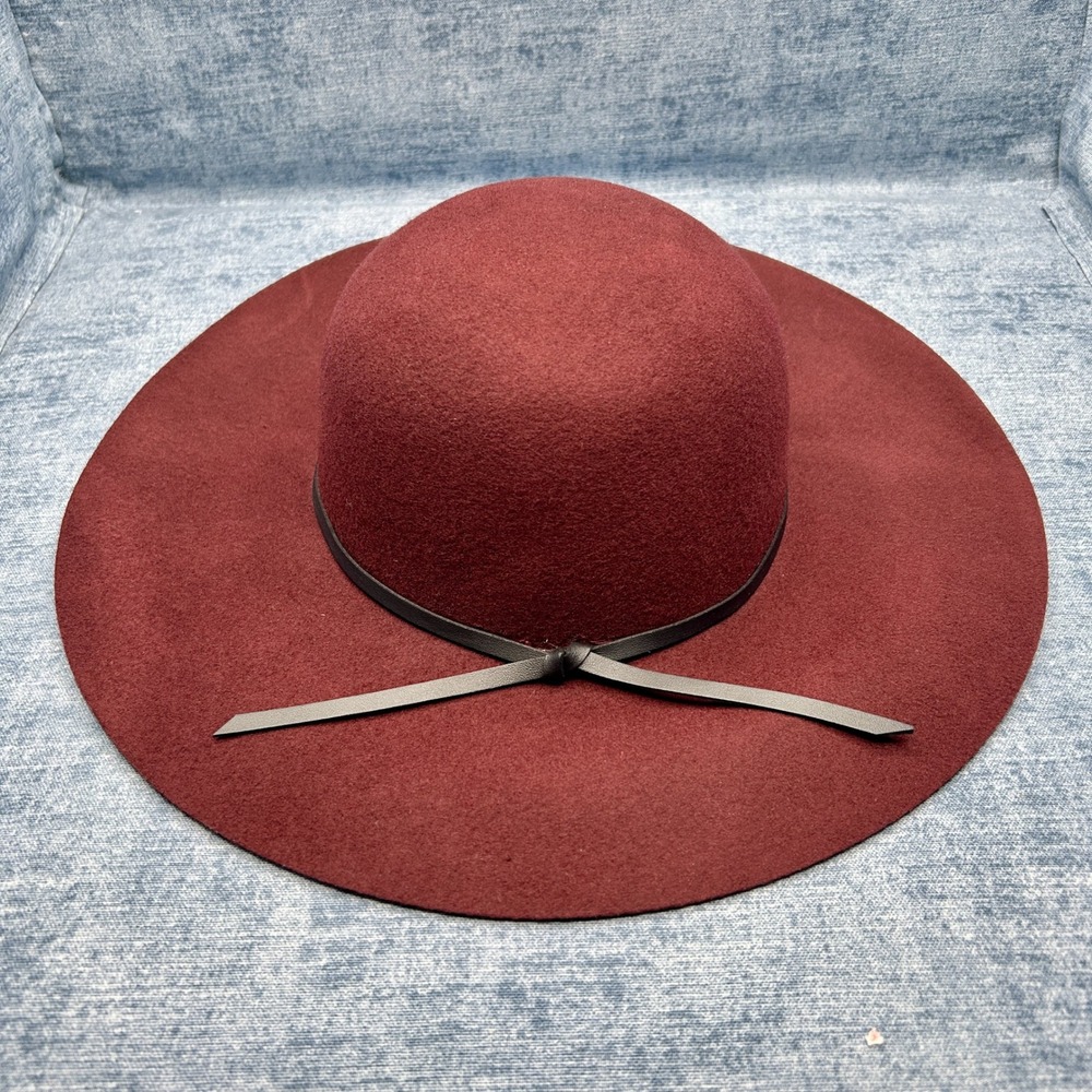 D&Y David & Young 100% Wool Felt Floppy Wide Brim Hat Burgundy Black Tie Band